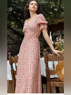 Atelette Florenzia 1940s Floral Dress Puff Sleeves Diamond Waist Small Maxi